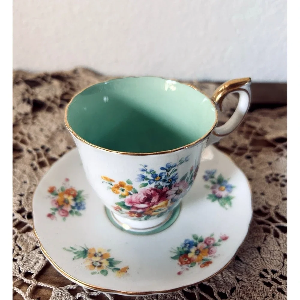 Crown Staffordshire Bone China Teacup Saucer Mint Green Floral Gold Gilt England